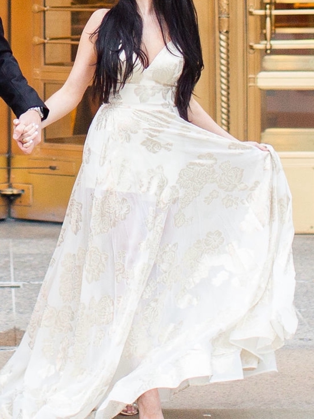 La Femme Organza Ivory Strapless A-Line Gown with Gold Floral Jacquard - Picture 7 of 7